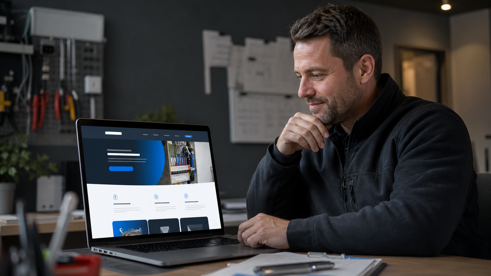 Local business owner reviewing a modern website preview on a laptop