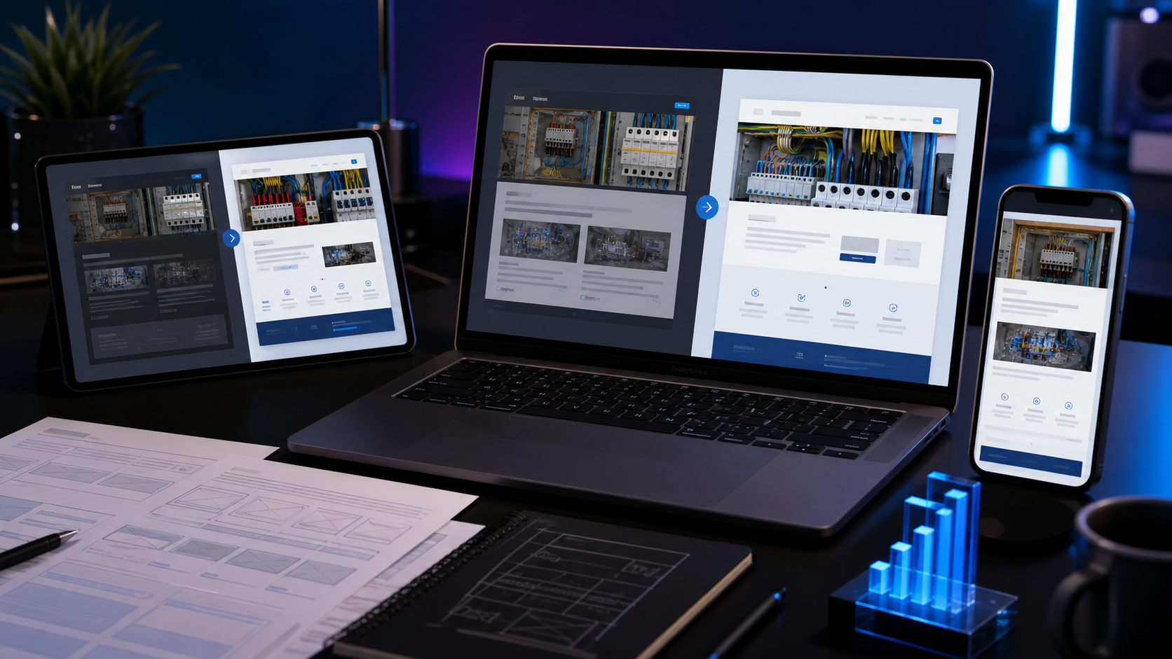 Website redesign shown across laptop, tablet and mobile screens