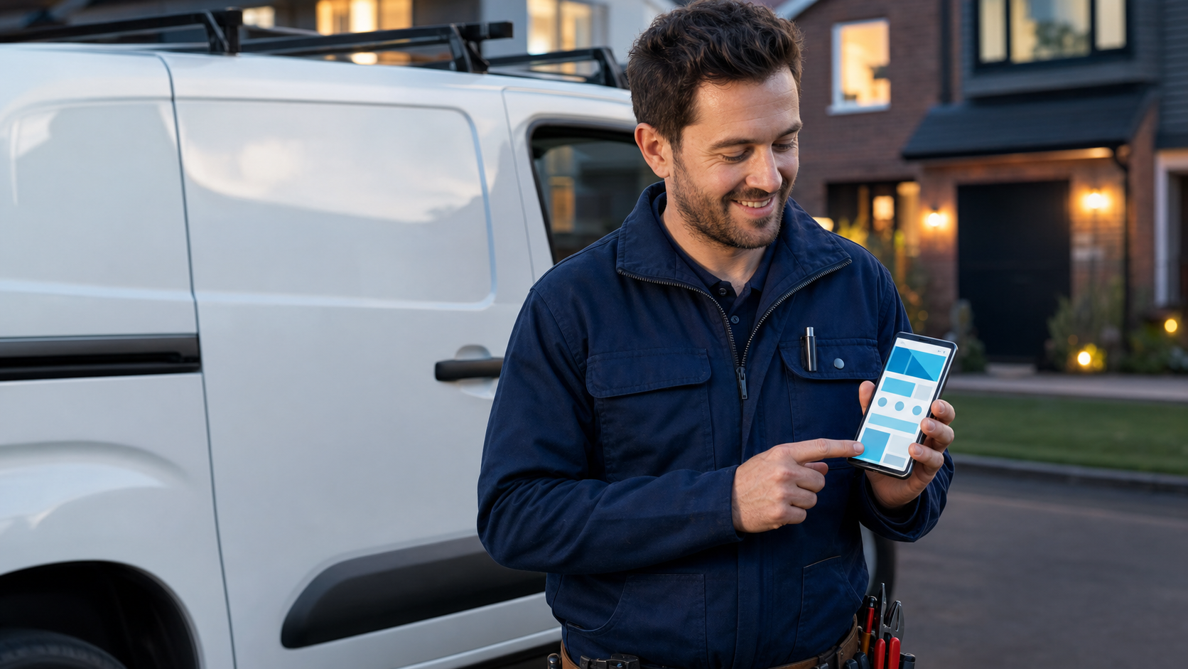 Tradesperson viewing a mobile-friendly website on a phone beside a work van